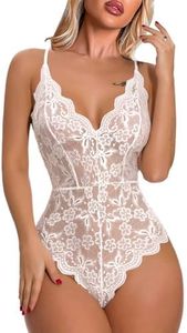 Buitifo Women Lace Bodysuit One Piece Babydoll Backless Mini Teddy V Neck Lingerie (White 1,XXL)
