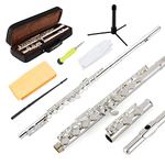 EASTROCK Silver Plated Flute Instrument for Beginner Kids Student，Closed Hole Flutes 16 Keys C Flute with Carrying Case,Stand，Cleaning kit，Gloves，Tuning Rod(Silver Plated)