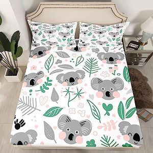 Feelyou Koala Fitted Sheet Twin Size, Cartoon Bed Sheet Set for Kids Toddler, Cute Botanical Plant Bed Cover, Lightweight Bedding Set