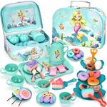 Amplov Mermaid Tea Set for Toddlers, Kids Pretend Play Tea Party Set – Plastic Kitchen Toy Teapot Set with Cups, Plates, Carrying Case, Princess Role Play Toys Birthday Gift for Girls Age 3 4 5 6
