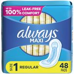 Always, Maxi Pads For Women, Size 1, Regular Absorbency With Wings, 48 Count