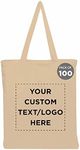 DISCOUNT PROMOS Custom Cotton Canvas Tote Bags Set of 100, Personalized Bulk Pack - Reusable, Great for Shopping, Grocery, Beach, Picnic, Wedding Favors - Natural