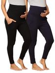 The Mom Store Maternity Leggings | Comfort Stretch Pregnancy Leggings for Women | Over The Belly Design | Maternity Wear for Pregnant Women(Black & Navy, 2XL)