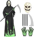 ThinkMax Halloween Grim Reaper Costume for Boys Kids, Glow in the Dark Halloween Phantom Costume with Scythe (XL(12-14 Years))