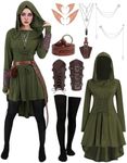 9 Pcs Women Renaissance Dress with Hood Adult Medieval Fairy Elf Costume Viking Archer Cosplay Outfit Halloween Costumes Set Renn Faire Dress RK025S