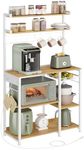 VASAGLE Bakers Rack with Power Outlet, 35.4 Inches Microwave Stand, Coffee Bar, 4 AC Outlets, with Adjustable Shelves, 8 S-Hooks, Basket, Spice Racks, Golden Oak and Cloud White UKKS031Y09