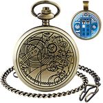 Tiong Doctor Who Pocket Watch with Bronze Case Quartz Full Hunter White Dial and Chain Mens Retro Dr Who Necklace Pendant Gift Box