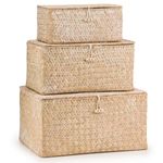 Woodluv Set of 3 Seagrass Storage Box with Lid, Woven Storage Baskets for Shelves, Storage Organiser Hamper Baskets, Natural