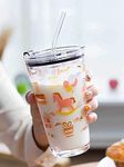 SKDBPM Glass Tumbler With Lid And Straw Coffee Mug Tea Cup Travel Mug Smoothies Fruit Juice Bottle For Home And Office Milk Thick Shake Mug Juice Mug (Set Of1), Transparent, 400 Ml