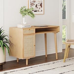 Nathan James Aaron Modern Desk with Storage, Natural Rattan Table with Square Webbing and Gold Accent Knobs, Natural Brown