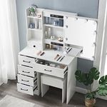 Vanity Desk with Sliding Mirror and Dimmable LED Light, Dressing Table Set with 5 Drawers and 2 Shelves, Vanity Table with 3 Color Lighting, White