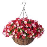 Ammyoo Artificial Hanging Flowers 12 inch Basket,Faux Silk Petunias Flower Arrangement, Hanging Basket with Morning Glories Fake Plants Patio Garden Porch Deck Spring Summer Decor(Red and Pink)