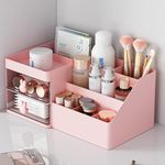 House of Quirk Polypropylene, Polystyrene 2 Drawer Cosmetics Makeup Organizer For Vanity Bathroom, Clear Drawer Cosmetic Storage Display Case With Brush Holder, Desk Countertop (Pink)