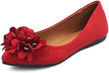 Ollio Women's Shoes Faux Suede Decorative Flower Pointed Toe Ballet Flats JYZ151, Red, 7.5