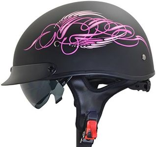 Vega Helmets Warrior Motorcycle Half Helmet with Sunshield for Men & Women, Adjustable Size Dial DOT Half Face Skull Cap for Bike Cruiser Chopper Moped Scooter ATV (Pink Scroll, Medium)