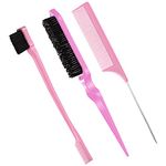 Geiserailie 3 Pcs Slick Back Hair Brush Set Bristle Hair Brush Edge Control Brush Teasing Comb for Women Black Hair(Light Pink)