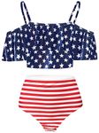 Kaei&Shi Strapless,Strappy Swimwear,Flower High Waisted Flounce Bikini Set,Tummy Control Swimsuits for Women,Off Shoulder Bathing Suit American Flag Large