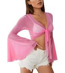 EVELUST Rave Bell Mesh Crop Top for Women - 70s Long Sleeve Tie Front Sheer Shirt Ruffle Fairycore Blouse Festival Outfits(Pink,L,1087w)