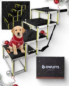 Owleys Dog Stairs for Large Dogs and Small - Glow in The Dark Marking - Car Ramps for Large Dogs up to 180 lbs - Non-Slip Surface - Foldable Dog Ramp for All Cars 4 Steps