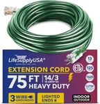 75ft Power Outdoor Extension Cord & Indoor - Waterproof Electric Drop Cord Cable - 3 Prong SJTW, 14 Gauge, 13 AMP, 125 Volts, 1625 Watts, 14/3 ETL Listed by LifeSupplyUSA - Green (1 Pack)