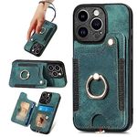 AIYZE ATOP Case for iPhone 14 Pro Max Leather Wallet | Wrist Strap | Kickstand | Card Slot | RFID Blocking | Ring Hoder | Magnetic Car Mount Function Phone Cover - Green