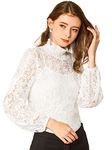 Allegra K Women's St. Patrick's Day Lace Long Sleeve Tops Ruffle Neck Elegant Floral Blouses White L-16