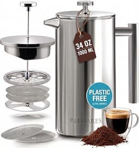 Belwares French Press Coffee Maker - 34 oz Double-Wall Insulated Coffee Press with 4-Level Filtration System, Stainless Steel 1 Liter - Perfect for Camping, Home, or Office