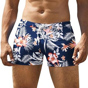 COOFANDY Men's Square Leg Swim Briefs Printed Swimsuit Athletic Swimwear Bathing Suit Swimming Trunks, Navy Blue Flowers, Large