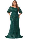 Women's Plus Size Off Shoulder Puff Sleeve Sequin Formal Maxi Dress Evening Party Gowns, Green, XX-Large