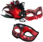 MYSEUNI 2024 New Masquerade Venetian Mask Couples with Feathers - Red Masquerade Mask for Women & Mens Costume for Halloween Carnivals Cosplay Party Ball Prom