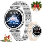 Smart Watches for Women, 1.19" AMOLED Always-on Display Diamond Smart Watch with Bluetooth Call, Blood Pressure/SpO2/Heart Rate Monitor, Waterproof Pedometer Silver Ladies Smartwatch for Android iOS