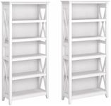 Bush Furniture Key West 5 Shelf Bookcase - Set of 2 Tall Bookshelves in Pure White Oak Sturdy Display Shelves for Library, Living Room, and Home Office