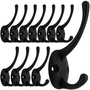 IBosins 12 Pack Black Coat Hooks Wall Mounted with 24 Screws Retro Double Hooks Utility Black Hooks for Coat, Scarf, Bag, Towel, Key, Cap, Cup, Hat