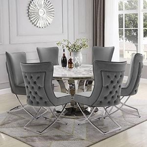 LOULENS Elegance Velvet Dining Chairs Set of 6, Luxurious Upholstered Tufted Dining Room Chairs, Glam Royal Velvet Accent Chairs with Stainless Steel Legs, Dark Grey