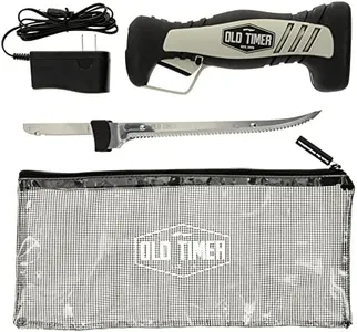 Old Timer Cordless Electric Fillet Knife with 8in Fully Serrated Stainless-Steel Blade, Trigger Lock, Rechargeable Battery, and Self Draining Case for Fishing, Meat Carving, Filleting, and Outdoors