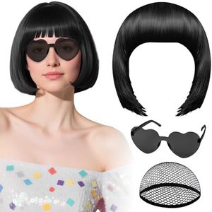 PLULON Black Bob Wig with Heart Sunglasses Hair Cap Neon Colored Party Wig