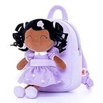 Gloveleya Toddler Backpack Baby Girl Gift Plush Bag Diaper Bag with Spring Girl Doll Curly Hair Girl Toys with Love Brown Purple 9 Inches