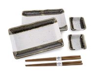 Hinomaru Collection Japanese Dinnerware 6 Piece Sushi Dinner Set Rectangular Sushi Plate Bowl Chopsticks Sushi Dinner Set for Two Made In Japan (Brown Border)