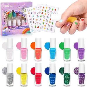 wakaniya Kids Nail Polish Set for Girls 12 Rainbow Colors Toddler Nail Polish Kit with Unicorn Stickers, Natural Safe NonToxic Peel Off Quick Dry Nail Polish Birthday Party Nail Art for Girls 5+