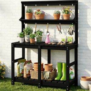 Polyhouz Outdoor Potting Bench with 3 Tier, All-Weather Patio Potting Table with Tool Hooks, HDPE Gardening Table for Backyard, Garden, Black