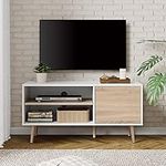 WAMPAT Mid Century Modern TV Stand for 50 inch Flat Screen, Wood TV Cabinet Media Console with Storage, Home Entertainment Center in White and Oak for Living Room Bedroom, 42 Inch