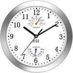 HITO 10 Inch Silent Wall Clock Battery Operated Non Ticking Glass Cover Silver Aluminum Frame, for Kitchen, Bedroom, Home Office, Living Room Decor (White)