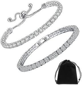 MEMOFYND 2 pulseras de diamantes blancos con circonita con 1 bolsa de franela, pulseras brillantes, pulseras ajustables, regalos de cumpleaños, joyas para mujeres y niñas, elegantes y simples (plata),