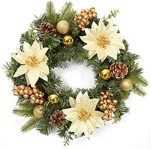 Fashionwu 16" Gold Magnolia Christmas Wreath, Artificial Xmas Wreath with Flower Berries and Pine Cones Decorations, Wreaths for Decorating Christmas Door Wall Window Fireplace Home Deco