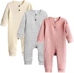 Bafeicao Baby Boy Girl 3 Pack Solid Romper Ribbed Long Sleeve Bodysuit Jumpsuit Infant Knitted Outfits Clothes, Beige+Light Grey+Pink, Newborn