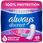 Always Discreet Adult Incontinence Pads for Women, Maximum Absorbency, Regular Length, Postpartum Pads, 48 Count
