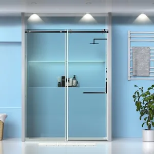 GarveeTech 56"-60"W x 75"H Frameless Shower Door, Sliding Shower Door with 5/16"(8mm) Clear Tempered Glass, Noiseless Shatterproof Shower Door with Square Rail, Stainless Steel Hardware, Matte Black