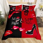 Mr Mrs Bedding Set Couple Romantic Wedding Duvet Cover Black Red Creative Funny Quote Comforter Cover Sexy Red Lip Mustache Romance Bedspread 3Pcs Super King