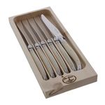 Jean Dubost Laguiole 6-Piece Steak Knife Set, Ivory Handles - 1.5 mm Blades - Rust-Resistant Stainless Steel - Includes Wooden Tray - Made in France