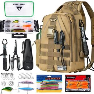 Ghosthorn Fishing Backpack with Tackle Boxes, Fish Pliers, Fish Lip Gripper, Lures, Waterproof Tackle Bag with Rod Holder, Fishing Gear Sling Bag Gift For Men Women Anglers (Khaki)